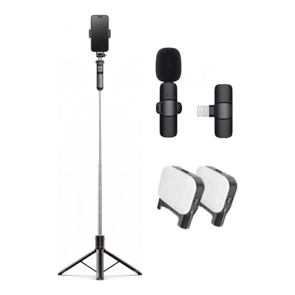 Selfie stick cu trepied 1,7 m 2 lumini LED și microfon cu receptor Lightning pentru iPhone control Bluetooth Suport 360° Negru 1