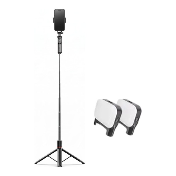 Selfie-Stick mit Stativ 1,7 m und 2 LED-Lichtern mit Bluetooth-Steuerung Rotierender Telefonhalter 360° Gewinde 1/4 Edelstahl Schwarz für Videos 1