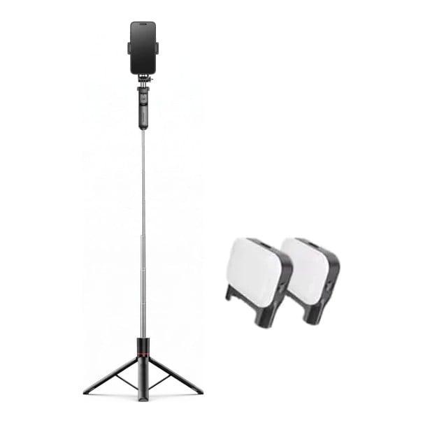 Selfie țară cu trepied de 1,7 m și 2 lumini LED cu control Bluetooth Suport rotativ pentru telefon 360° Filet 1/4 Oțel inoxidabil Negru 1