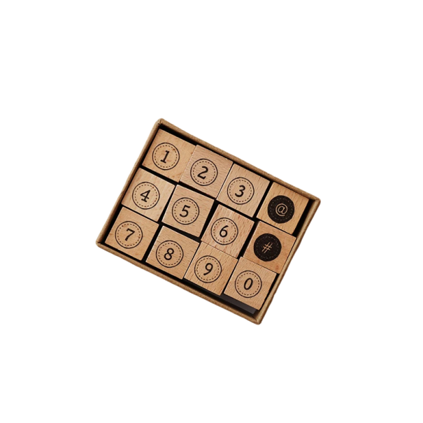 Sellos de madera con números y símbolos 12 uds Set de sellos con superficie de goma Creación artística 70 x 90 x 30 mm 1