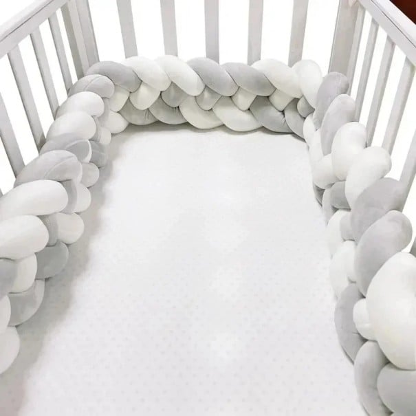 Sengebeskytter til vugge fletning 2 m bomuld flerfarvet beskyttelse af babyens hoved til vugge og krybbe grå