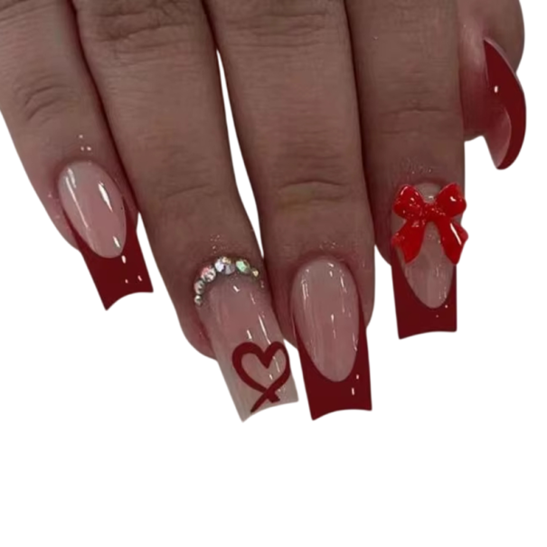 Série romantique française de 24 pièces d'ongles artificiels carrés avec nœud DIY pour femmes et filles Ongles durables Manucure élégante à domicile 1
