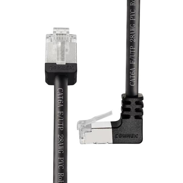Server Ethernetkabel Cat6a RJ45 90° gewinkelt 2 m FTP 28AWG T568B schwarz Slim Patchkabel für Router Switch Laptop TV