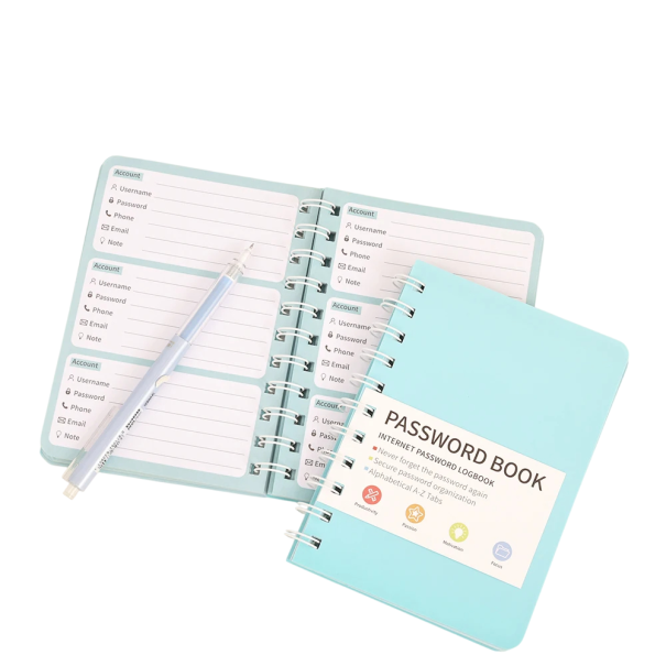 Sešit per password 10,7 x 15 cm Quaderno colorato per dati di accesso Copertura in PVC 65 fogli Etichette alfabetiche Rilegatura a spirale blu
