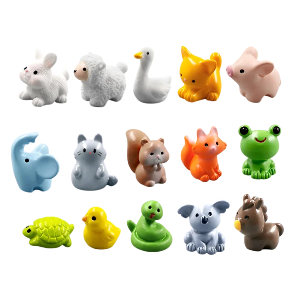 Set 15 Stück Mini-Zoofiguren aus Harz für Blumentöpfe, Aquarien oder Terrarien Mini-Dekoration mit Tieren 1