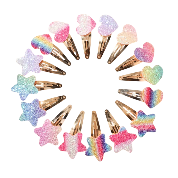 Set 16 Stück Kinder Glitzer Haarspangen Sterne und Herzen Bunte BB Clips Süße Haarschmuck für Mädchen 1