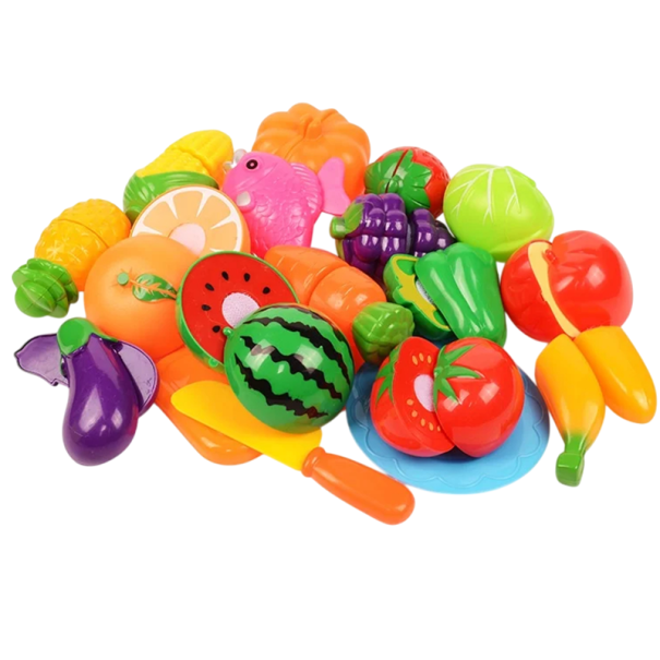 Set 18 Jucăriilor de bucătărie distractive cu cuțit, tocător și farfurie, set din plastic cu fructe și legume pentru copii la gătit 1
