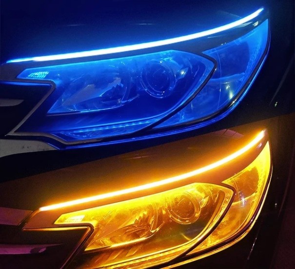 Set 2 buc LED de iluminare diurnă pentru auto 60 x 1,1 x 0,3 cm Bandă luminoasă flexibilă DRL cu semnalizare Efect curgător 12 V albastru