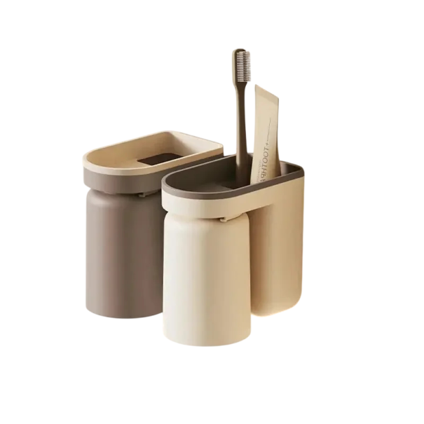Set 2 ks nástěnných držáků s kelímkem na zubní kartáček, plast, lepicí montáž bez vrtání, rozměr kusu 11 x 6,5 x 12,5 cm, odstíny hnědé hnědá