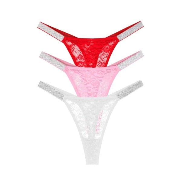 Set 3 ks dámských krajkových tang s květinovým vzorem a třpytivým páskem sexy spodní prádlo na každodenní nošení červené růžové a bílé XS