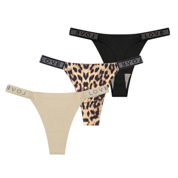 Set 3 ks dámských tang s kamínky a nápisem LOVE sexy spodní prádlo s minimálním zadním dílem černé béžové a s leopardím vzorem XS