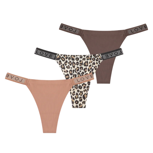 Set 3 ks dámských tang s kamínky a nápisem LOVE sexy spodní prádlo s minimálním zadním dílem hnědé cihlové a s leopardím vzorem XS