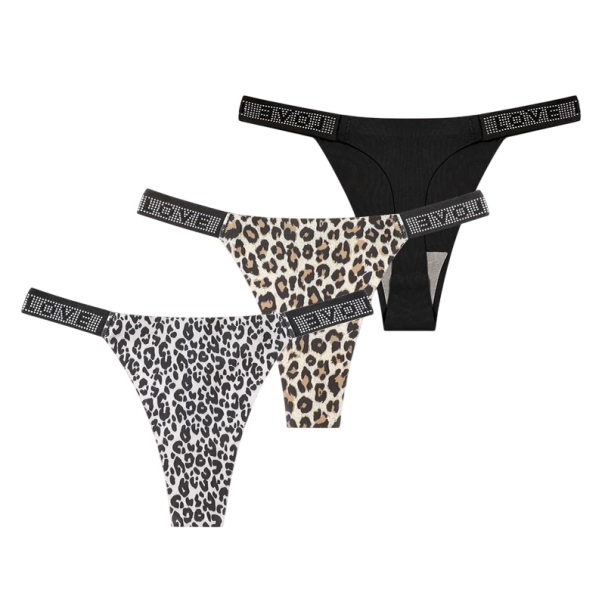 Set 3 ks dámských tang s kamínky a nápisem LOVE sexy spodní prádlo s minimálním zadním dílem na každodenní nošení černé a s leopardím vzorem XS