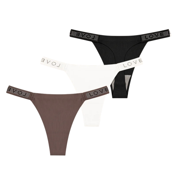 Set 3 ks dámských tang s kamínky a nápisem LOVE sexy spodní prádlo s minimálním zadním dílem na každodenní nošení černé bílé a hnědé XS
