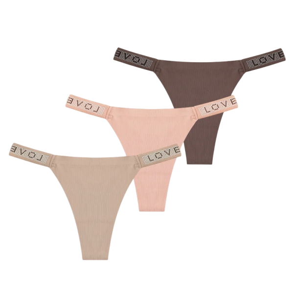 Set 3 ks dámských tang s kamínky a nápisem LOVE sexy spodní prádlo s minimálním zadním dílem na každodenní nošení hnědé růžové a béžové XS