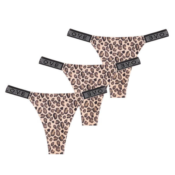 Set 3 ks dámských tang s kamínky a nápisem LOVE sexy spodní prádlo s minimálním zadním dílem na každodenní nošení s leopardím vzorem XS