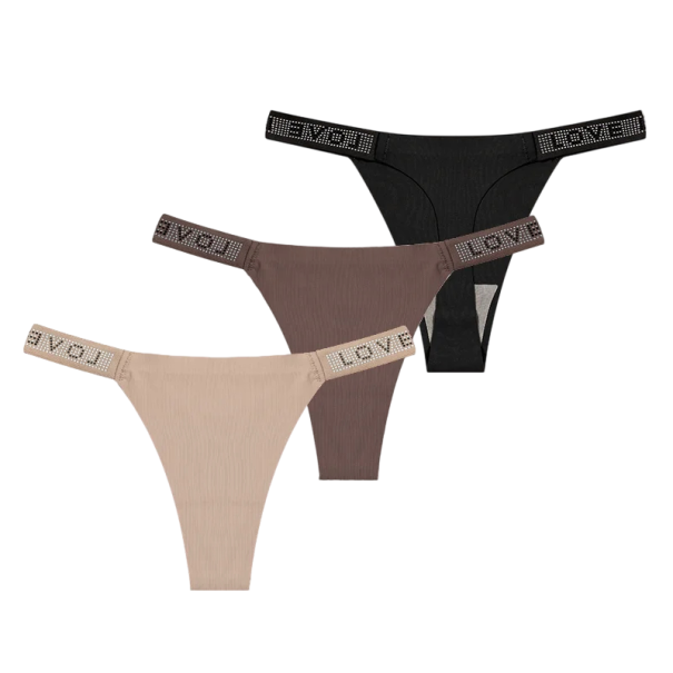 Set 3 ks dámských tang s kamínky a nápisem LOVE sexy spodní prádlo s minimálním zadním dílem v hnědých odstínech XS