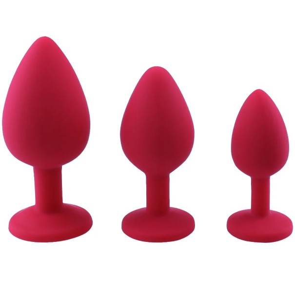 Set 3in1 di plug anali in silicone con gemma rimovibile taglie S M L confezione discreta rosso