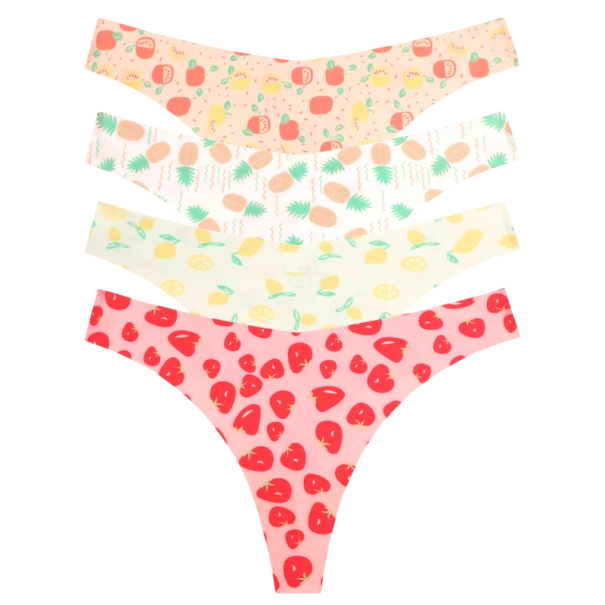 Set 4 ks dámských bezešvých tang s ovocným vzorem v různých barvách sexy spodní prádlo s minimálním zadním dílem na každodenní nošení M