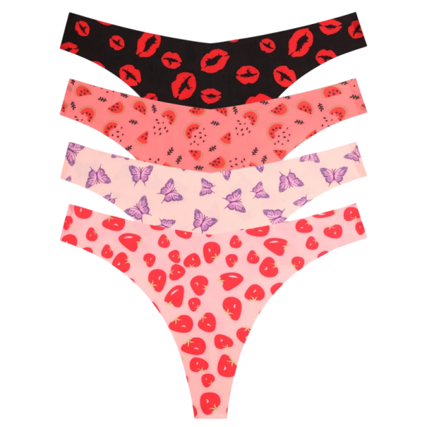 Set 4 ks dámských bezešvých tang s různými vzory v pestrých barvách sexy spodní prádlo s minimálním zadním dílem na každodenní nošení L