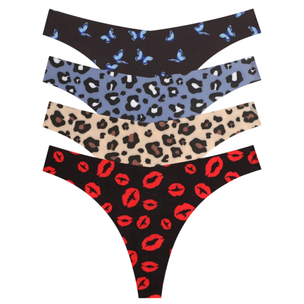 Set 4 ks dámských bezešvých tang s různými vzory v tmavých barvách sexy spodní prádlo s minimálním zadním dílem na každodenní nošení XL