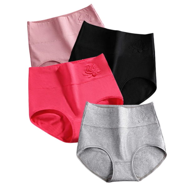 Set 4 ks dámských kalhotek s vysokým pasem a výšivkou květiny v růžové černé malinové a šedé barvě spodní prádlo na každodenní nošení M