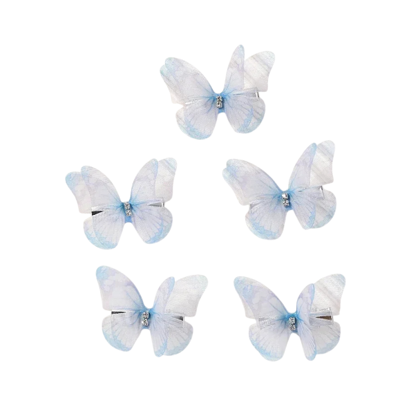Set 5 bucăți agrafe de păr în formă de fluture Design cu două straturi Plasă Poliester și aliaj Accesorii colorate pentru păr albastru deschis