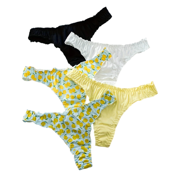 Set 5 kusů dámských tang s ovocným vzorem v černé bílé a žluté barvě a s citronovým potiskem sexy spodní prádlo na každodenní nošení M