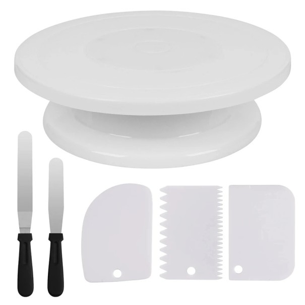Set 6 buc, suport rotativ pentru patiserie cu spatule și raclete Unelte pentru decorarea torturilor Construcție stabilă rotație lină alb
