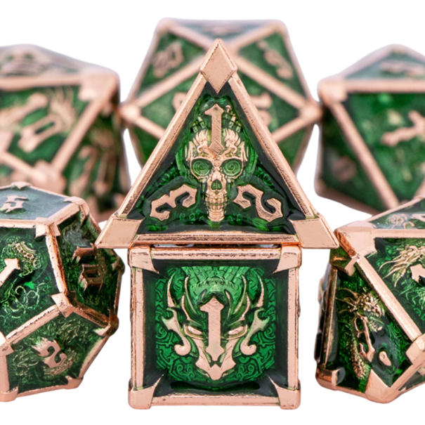 Set 7 ks hracích kostek Temné fantasy Lebka RPG kostky pro deskové hry Dračí doupě a roleplay hry zelená
