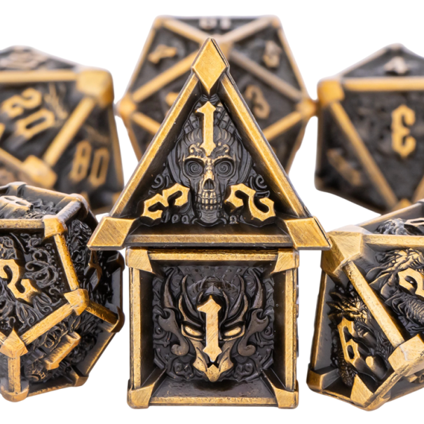 Set 7 pcs de dados de RPG de Fantasia Sombria com Crânio para jogos de tabuleiro dourado