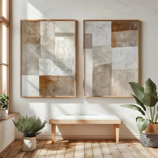 Set abstracte Japanse posters geometrische blokken 40x50 cm canvas beige bruin wit wanddecoratie interieur 1