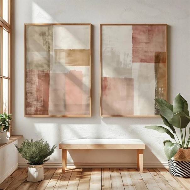 Set abstrakter japanischer Plakate mit Farbblöcken 40x50 cm Leinwand beige rosa braun Wanddekoration Innenraum 1