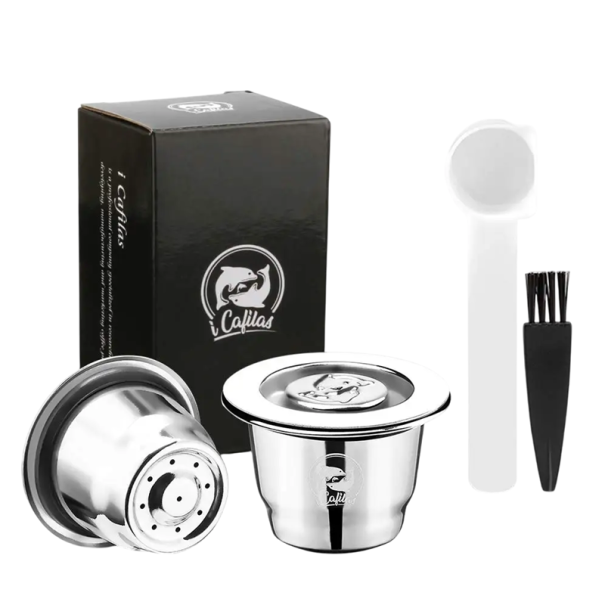 Set aus 2 Edelstahl-Wiederverwendbaren Kapseln für gemahlenen Kaffee für Nespresso-Kaffeemaschinen mit Kunststofflöffel und Reinigungsbürste 1