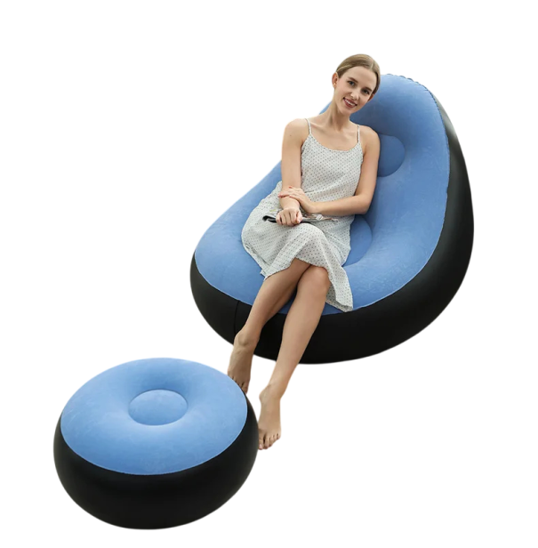 Set aus buntem aufblasbarem Sessel mit Fußstütze 105 x 125 cm bequemes Sitzen mit weicher Oberfläche hellblau