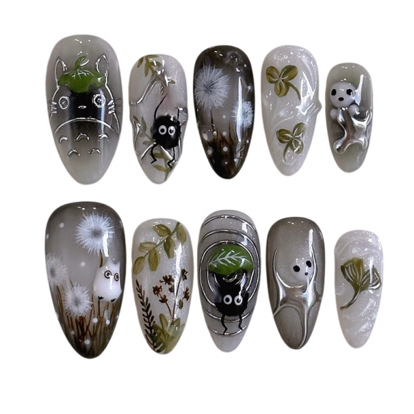 Set aus künstlichen Nägeln 24 Stück 25,6–18,3 mm Mandelform Glänzende Zeichentrickmotive 12 Größen Kleber und Zubehör 1