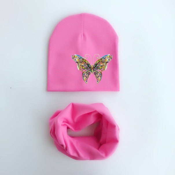 Set aus Mütze und Halstuch für Kinder mit einem Schmetterling rosa 1-3 Jahre