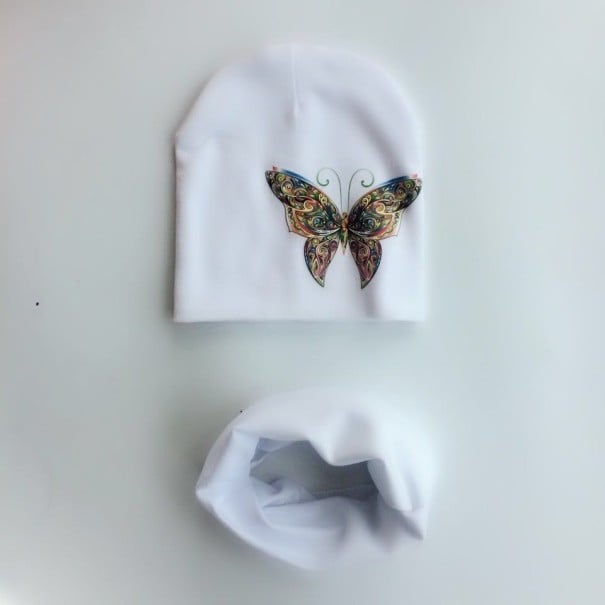 Set aus Mütze und Halstuch für Kinder mit einem Schmetterling weiß 6-12 Monate