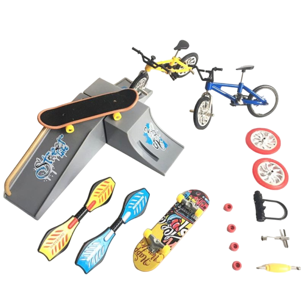 Set aus Rampe, Mini-Skateboard und Fahrrad Z326 grau