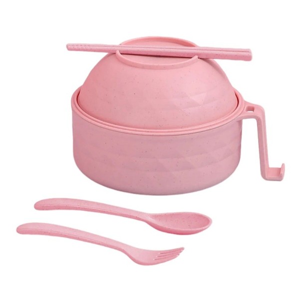 Set aus Schüssel mit Sieb, Stäbchen und Besteck 16 x 16 cm zur Zubereitung und zum Verzehr von Nudeln und zum Servieren von Gerichten rosa