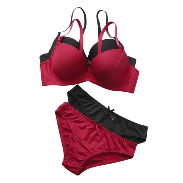 Set aus zwei Damenunterwäsche-Sets in Weinrot und Schwarz mit Push-Up-BH und klassischen Slips mit Schleife S