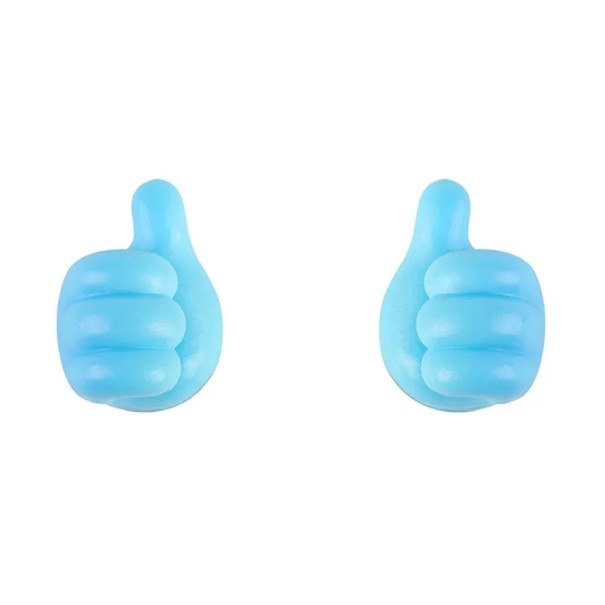 Set aus zwei selbstklebenden Halterungen für Kabel, Brillen und kleine Gegenstände für Auto und Haushalt in Form einer Hand mit Daumen nach oben aus Gummi blau