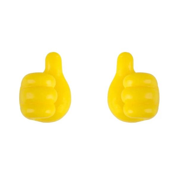 Set aus zwei selbstklebenden Halterungen für Kabel, Brillen und kleine Gegenstände für Auto und Haushalt in Form einer Hand mit Daumen nach oben aus Gummi gelb