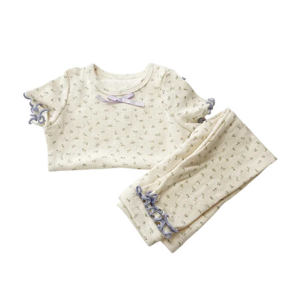 Set Bambina Maglietta a Maniche Corte e Pantaloni Colore Beige Stampa Floreale Collo Rotondo Completo in Cotone viola 5