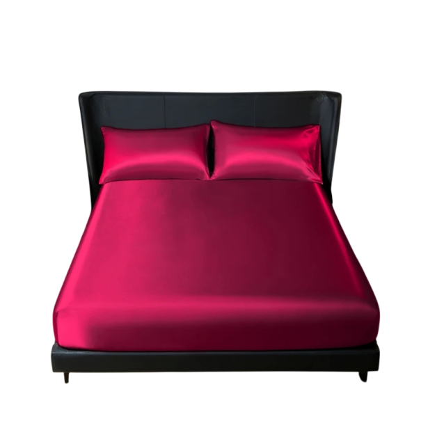 Set beddengoed met satijnen afwerking Hoeslaken met elastiek 198 x 203 cm + 2x kussensloop 50 x 75 cm Glad en glanzend KING SIZE wijnrood