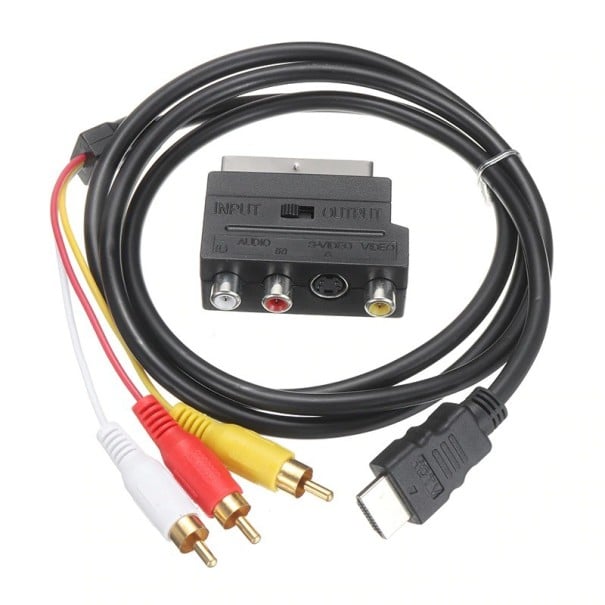 Set cablu HDMI la 3x RCA și adaptor SCART Lungime cablu 1,5 m Adaptor cu porturi RCA și S-Video Comutator intrare și ieșire Plastic ABS 1