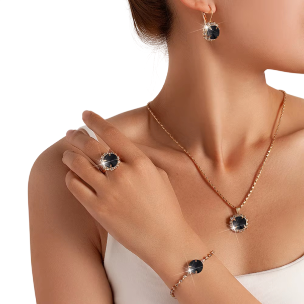 Set Charismatico Collana Orecchini Bracciale Anello Lega di Zinco Set Elegante Modaiolo da Donna nero