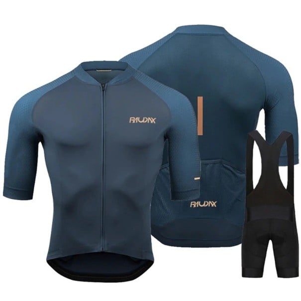 Set ciclism bărbați RAUDAX tricou și pantaloni cu bretele Mâneci scurte Fermuar Buzunare posterioare Material respirabil Lycra spandex și poliester Pentru bicicletă albastru XL