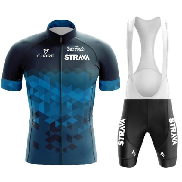 Set ciclism bărbați Strava – tricou cu mânecă scurtă cu fermoar și pantaloni scurți cu bretele, respirabil, pentru ciclism, sport și activități albastru XL
