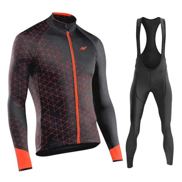 Set ciclist pentru bărbați cu tricou cu mânecă lungă cu model geometric și pantaloni cu bretele pentru bicicletă și sport în vreme mai rece negru XS